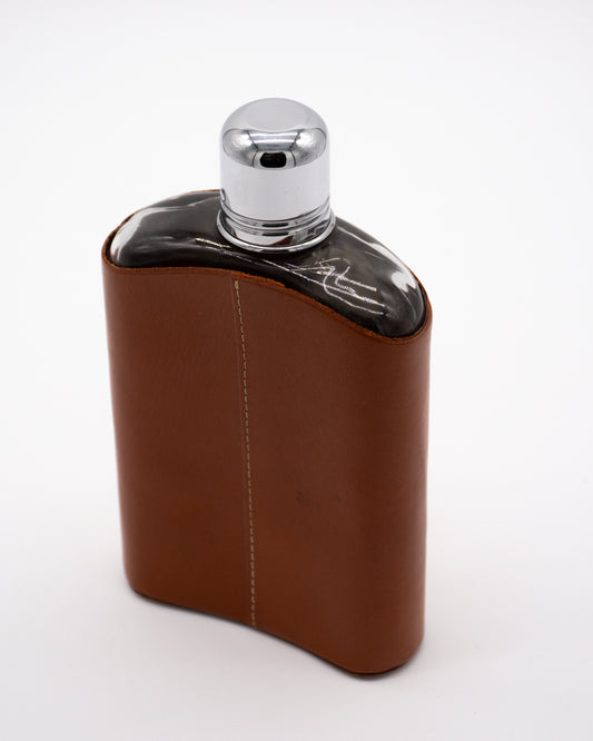 Silver and Glass Brown Leather Flask