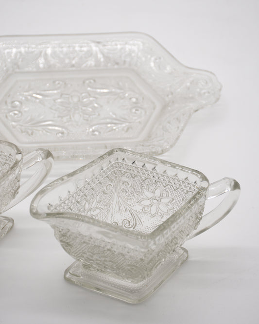 Vintage Glass Creamer and Sugar Bowl Tray Set