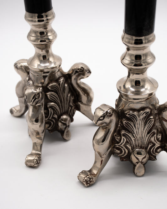 Silver and Black Antique Candlesticks Pair