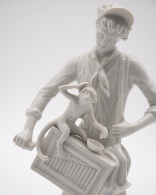 Bavarian Porcelain Organ Player with Monkey Figurine