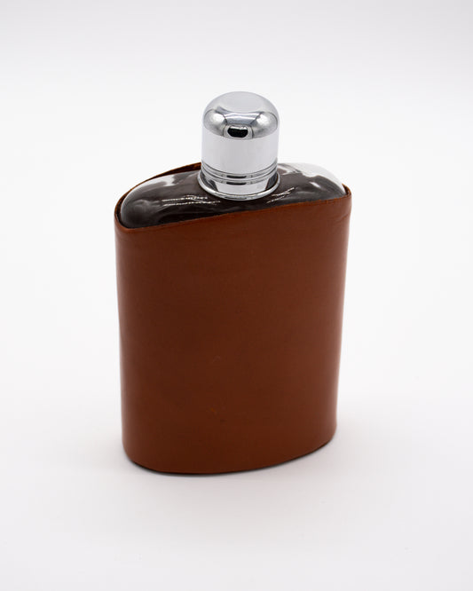 Silver and Glass Brown Leather Flask