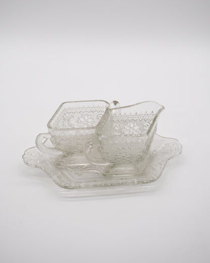 Vintage Glass Creamer and Sugar Bowl Tray Set