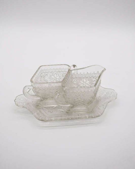 Vintage Glass Creamer and Sugar Bowl Tray Set