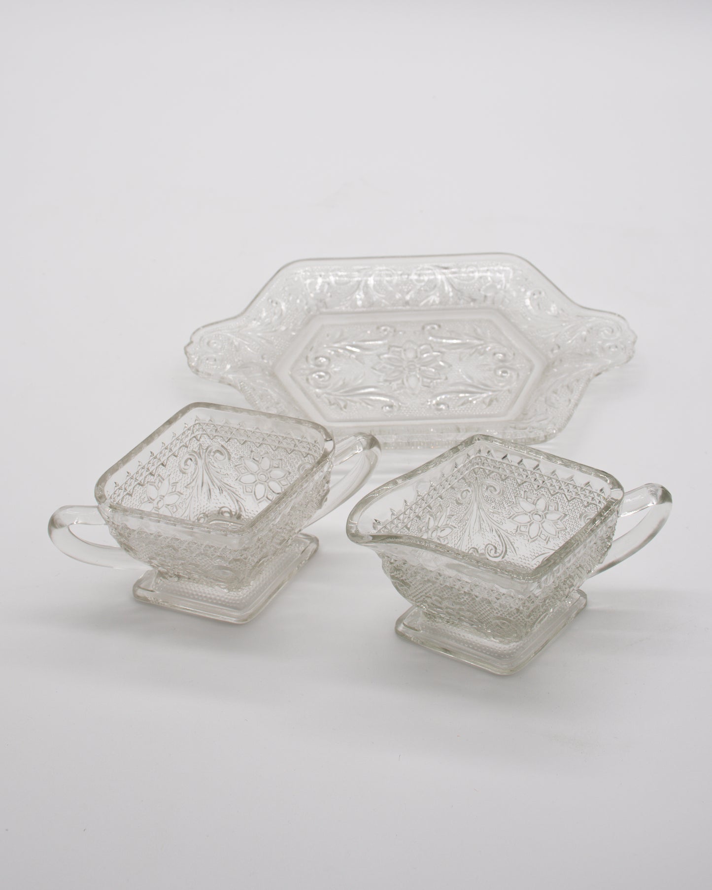 Vintage Glass Creamer and Sugar Bowl Tray Set