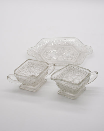 Vintage Glass Creamer and Sugar Bowl Tray Set