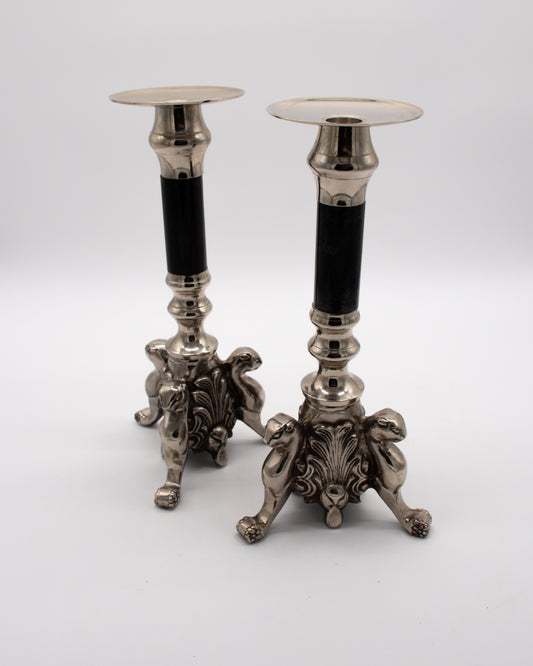 Silver and Black Antique Candlesticks Pair