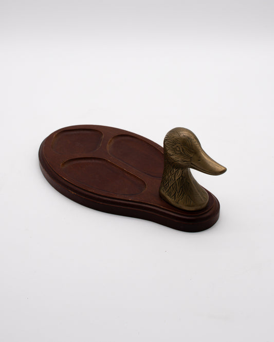 Vintage Brass and Wood Duck Shaped Valet Tray