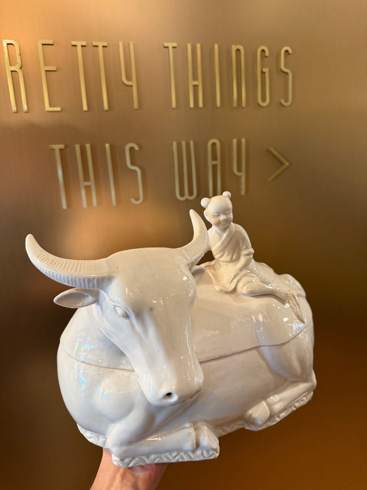 Vintage Blanc de Chine-Style Water Buffalo & Herd Boy Covered Tureen