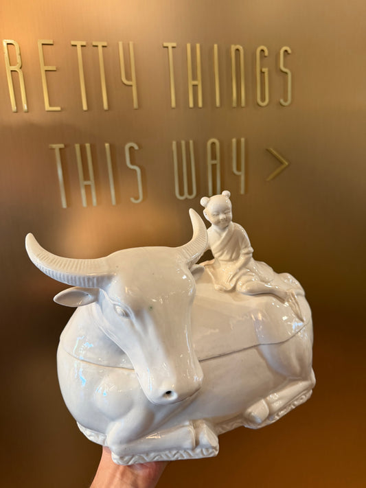 Vintage Blanc de Chine-Style Water Buffalo & Herd Boy Covered Tureen