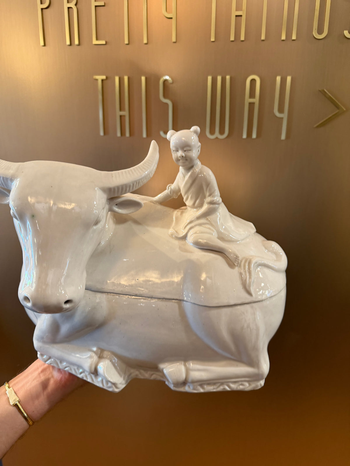 Vintage Blanc de Chine-Style Water Buffalo & Herd Boy Covered Tureen