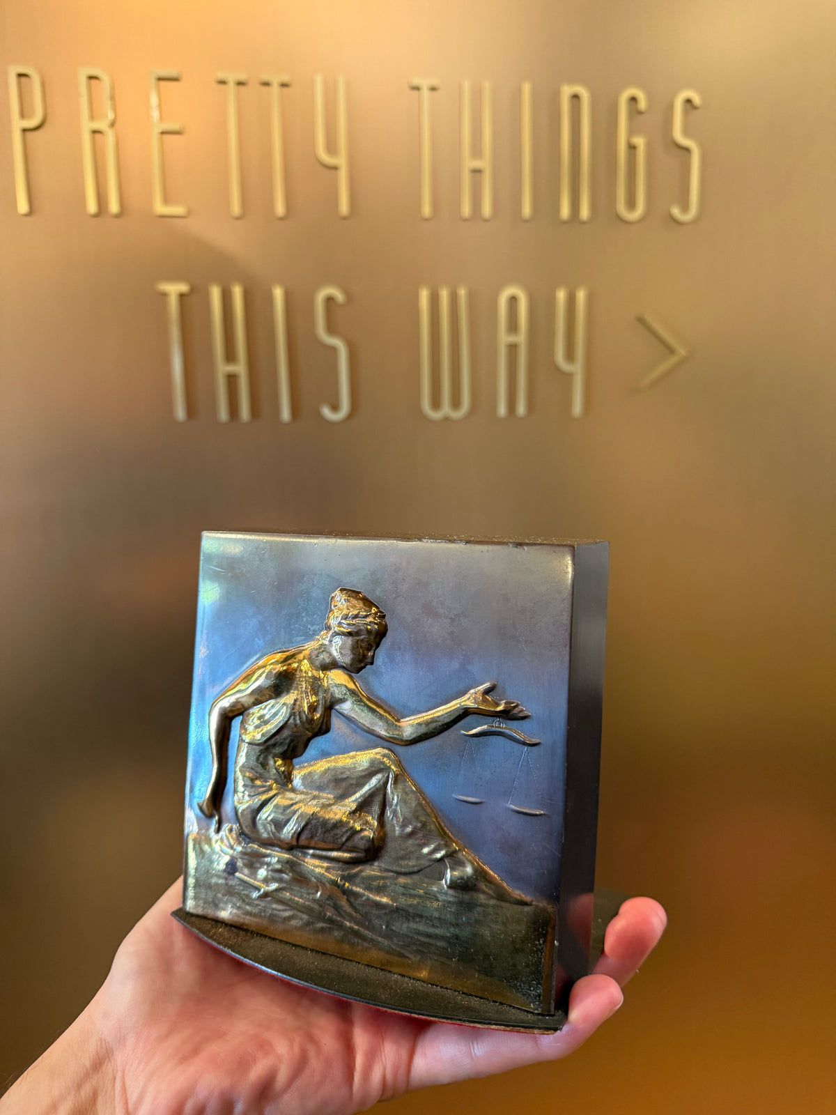 Vintage Bronze-Finish Lady Justice Relief Bookend