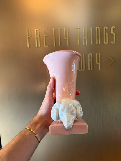 Vintage Pink & White Ceramic Ram's Head Rhyton Vase