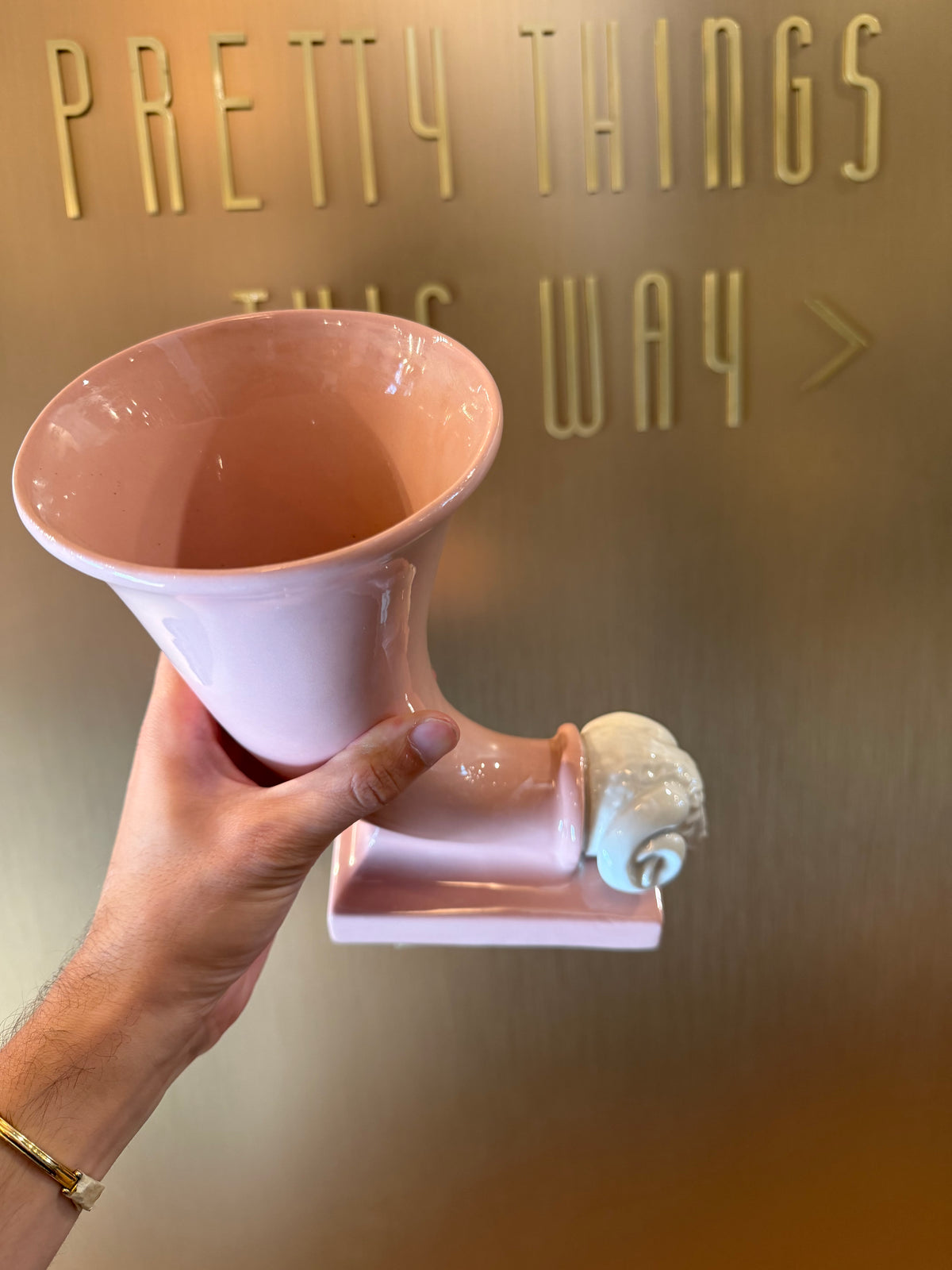 Vintage Pink & White Ceramic Ram's Head Rhyton Vase
