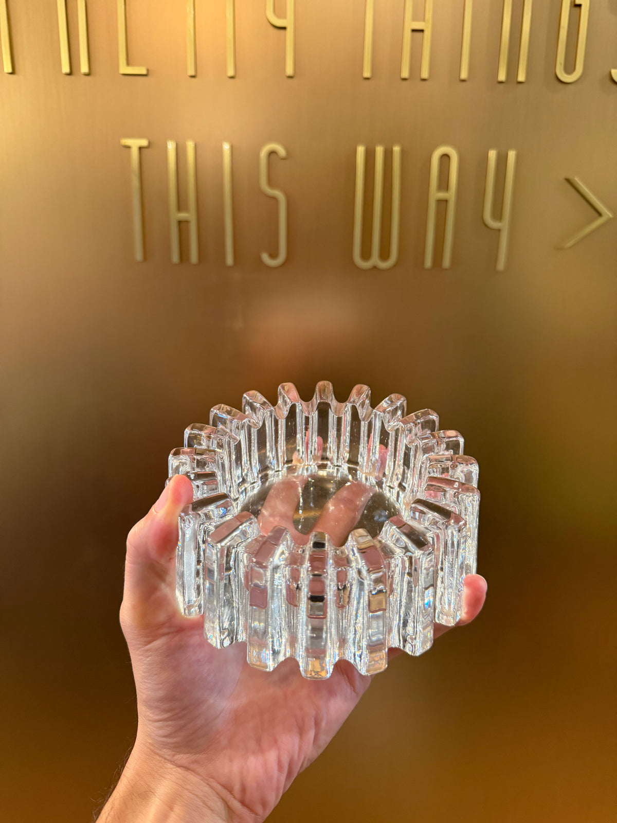 Mid-Century Scandinavian Style Heavy Clear Glass Sunburst Ashtray / Candle Holder