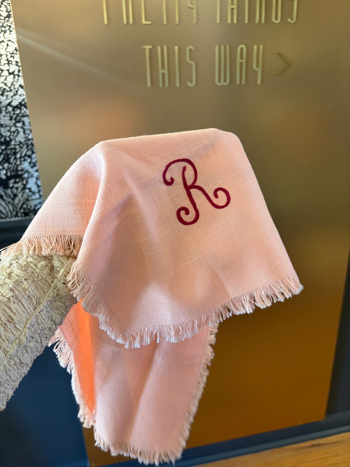 Blush Pink Monogrammed Linen Towel "R"